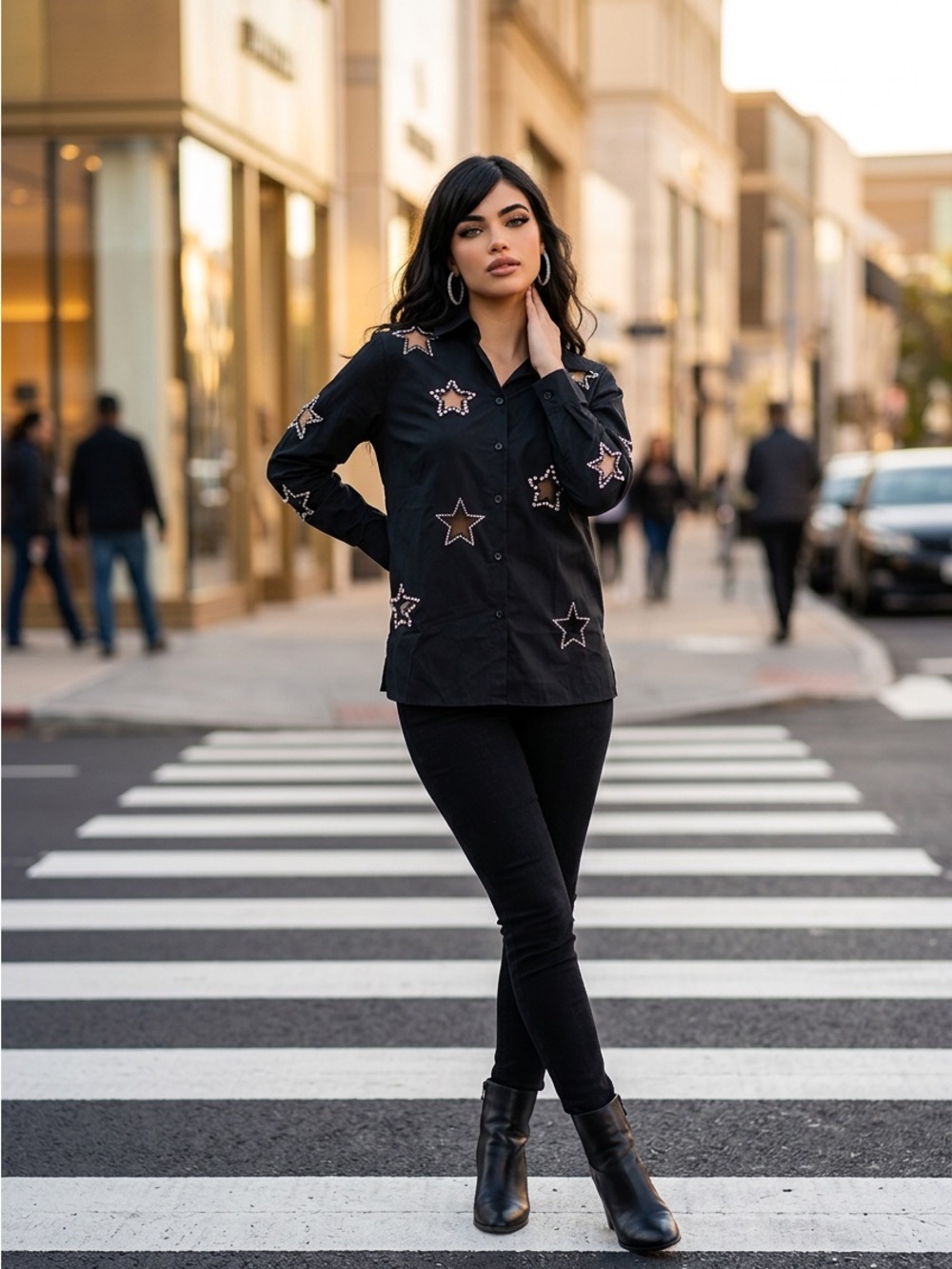 Muy Muy Black Cut Out Star-Embellished Button-Down Shirt NWOT